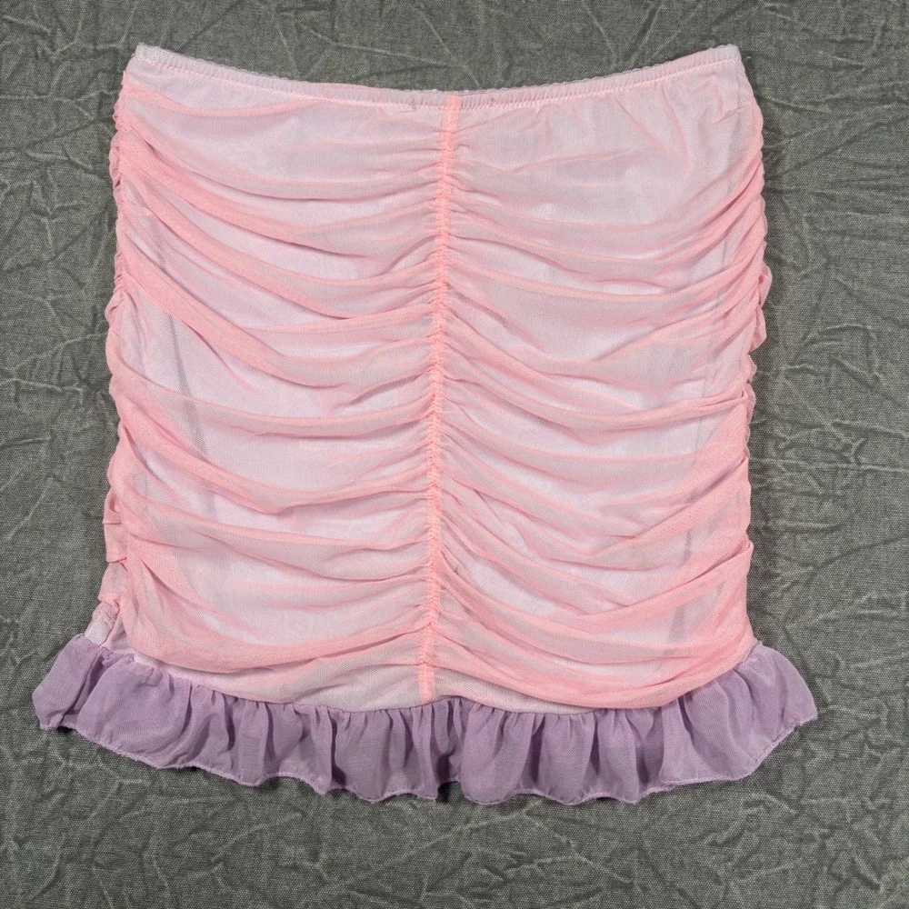 Sugar Thrillz Pastel Ruched Mesh Mini Skirt Womens M Pink Purple Satin Bow Y2K